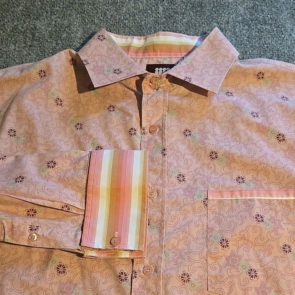 Old Skool Urban Shirt Mens XL Pink Floral Button Front Flip Cuff Polyester Blend